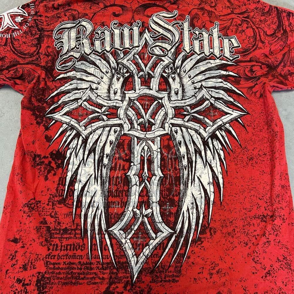 Raw State Men's Graphic Print Short Sleeve T-Shirt with Cross and Wings